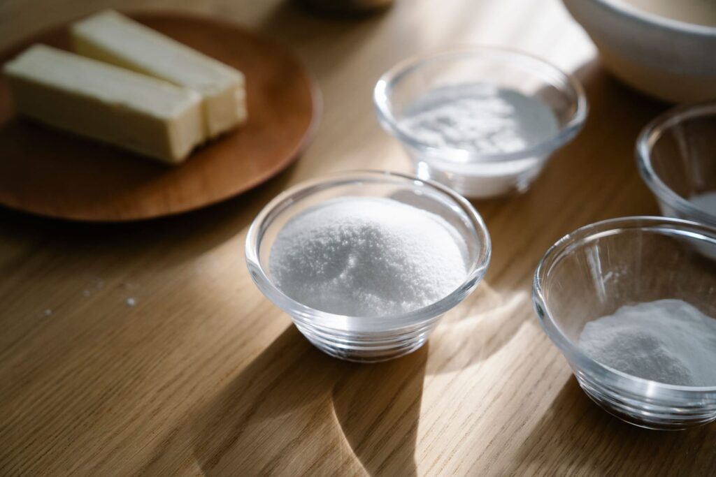 Small glass bowls of white baking powders and sugar beside sticks of butter on a wooden table